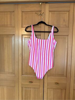 Fabletics Pink & White Vertical Stripe One-Piece Swimsuit